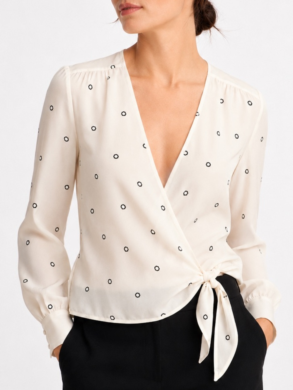 J.Crew Ivory 100% Silk Wrap Tie Blouse Black Dot Print XS